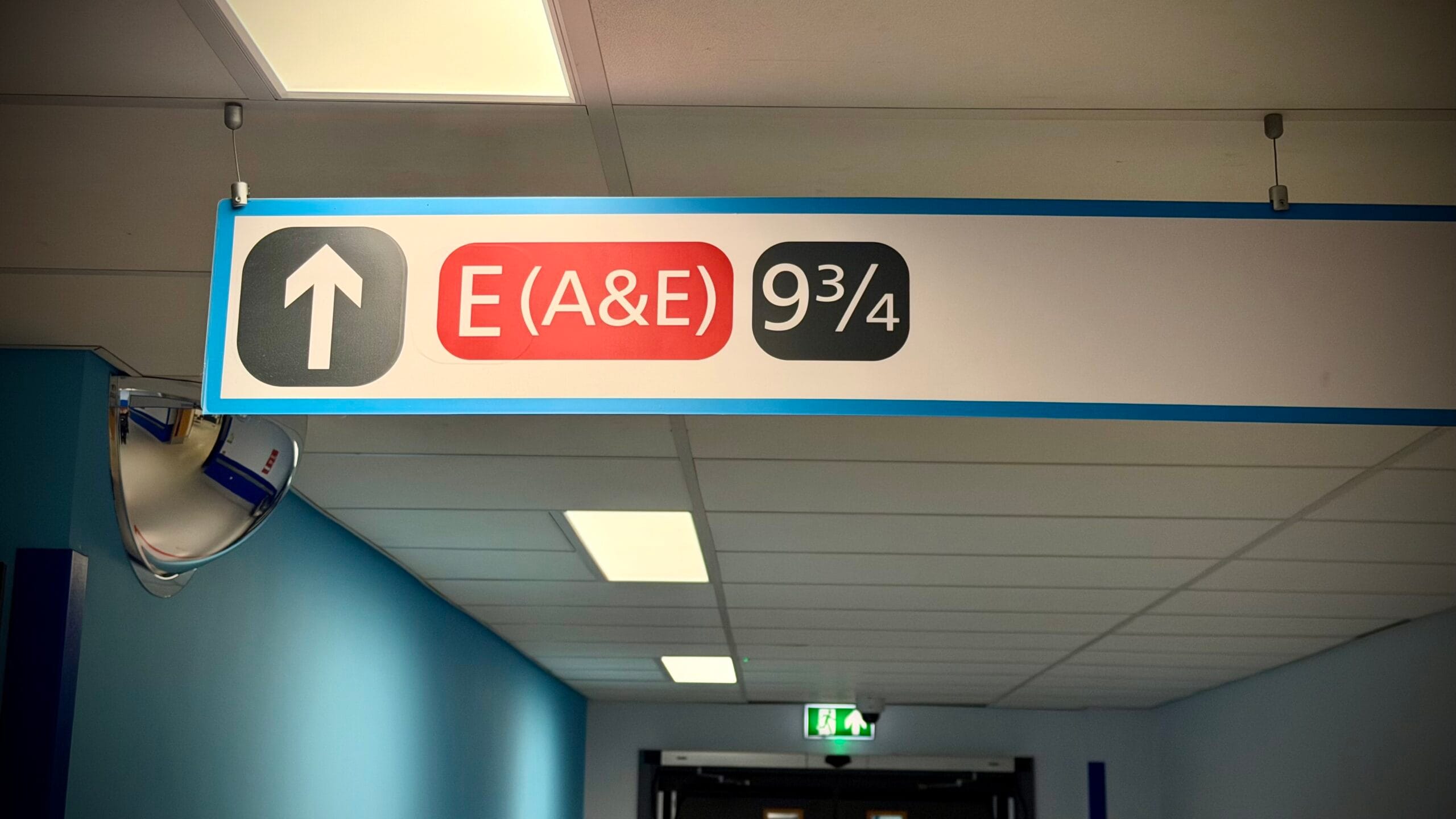 Sign at Pinderfields Hospital, Wakefield, pointing towards the Accident & Emergency department and ‘Ward 9 3/4’