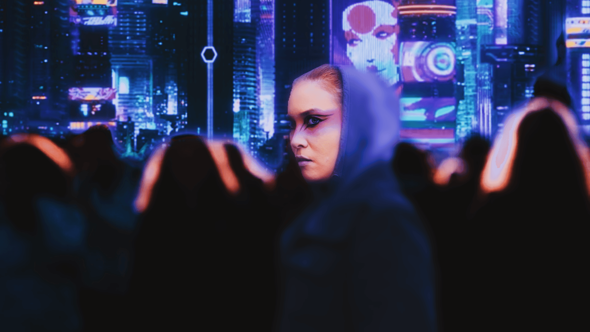 Shot from "Orphan", featuring actress Aida Knight against a cyberpunk dystopia.